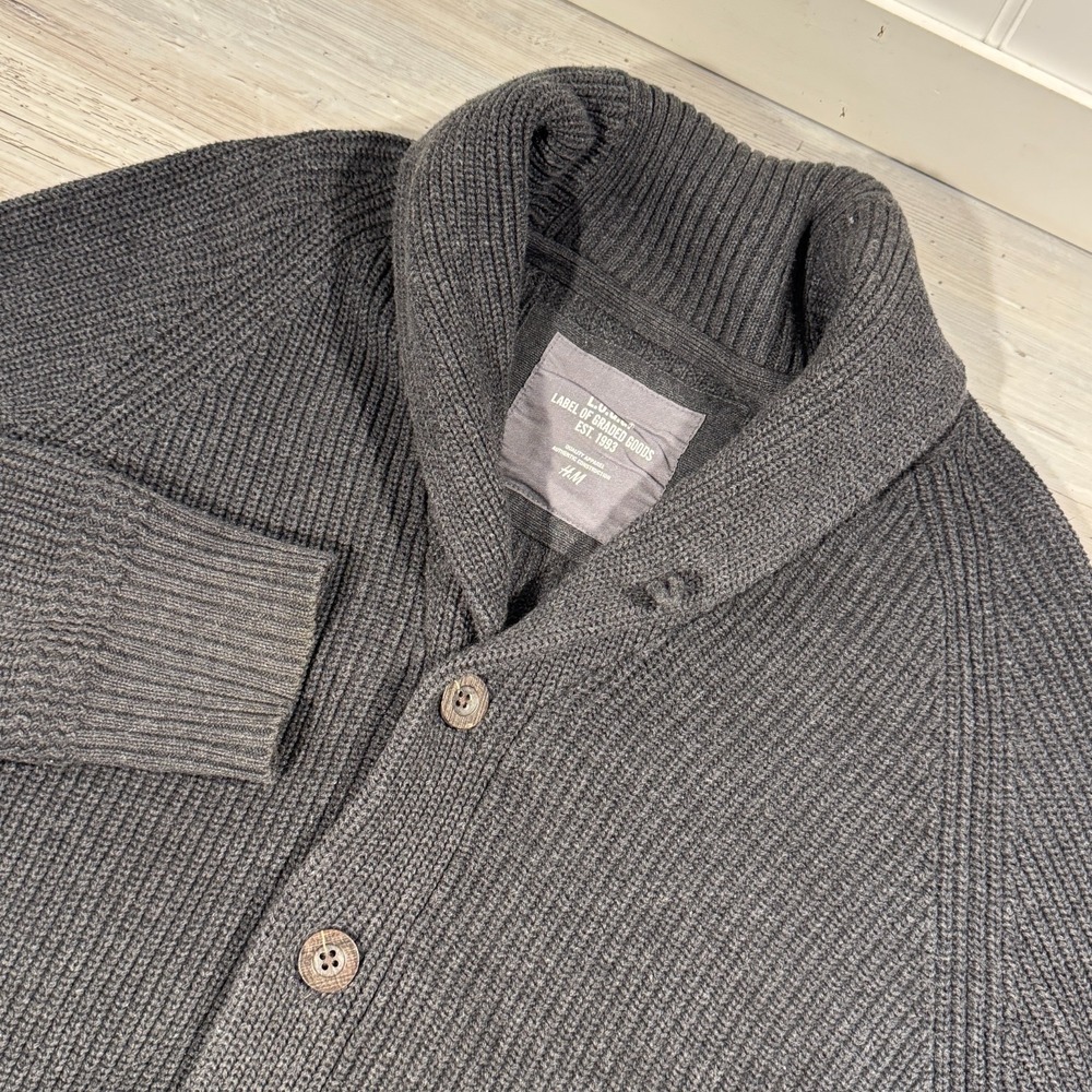 H&M L.O.G.G. Shawl Collar Cardigan Button Up Sweater Mens Sz S Grey Grandpa Prep